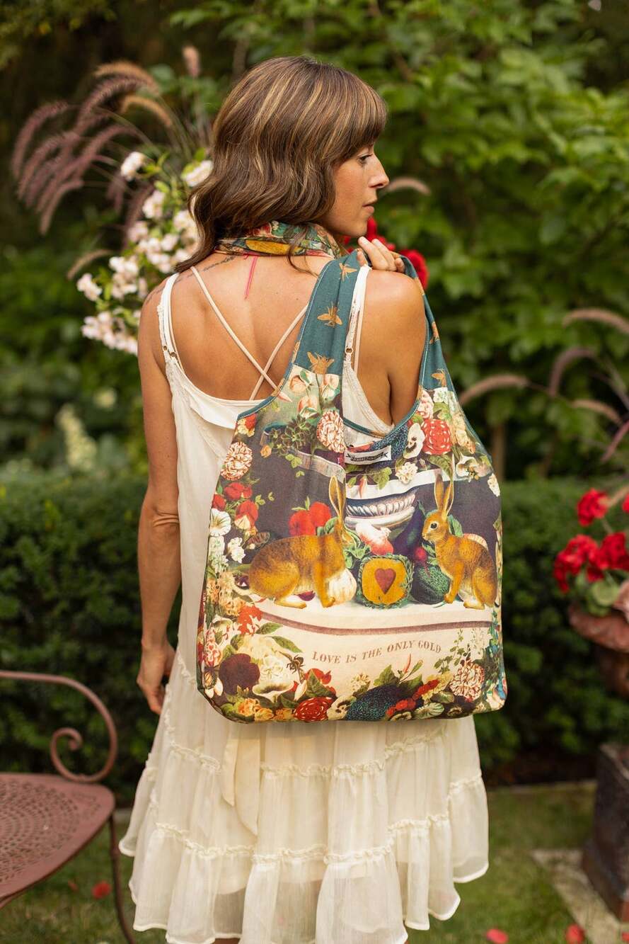 Stay Gold Linen Tote Bag | Boho Market Bag with Rabbits, Bees & Florals
